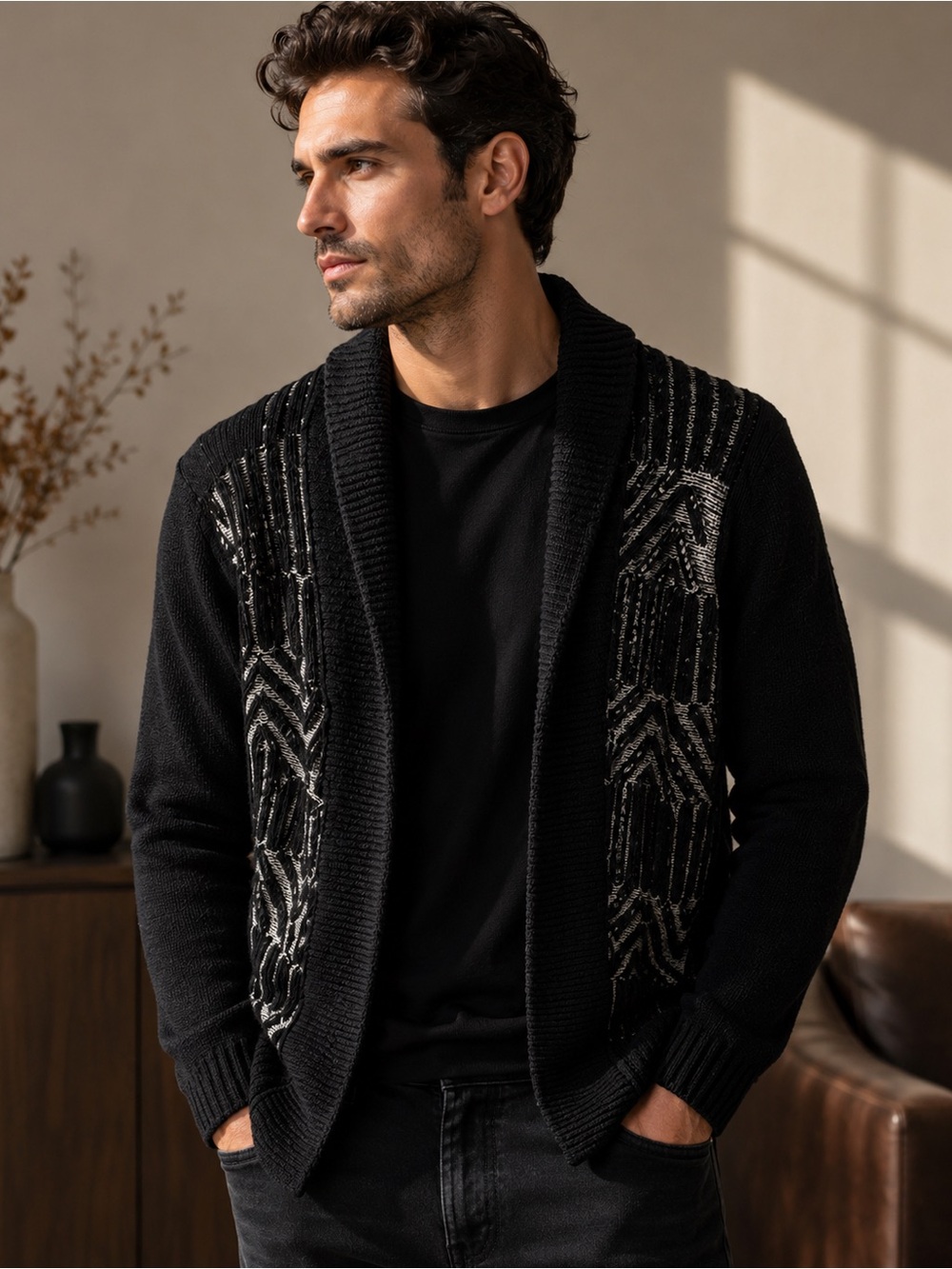 H&M Patterned Shawl Collar Cardigan Men’s Medium Black Knit Sweater